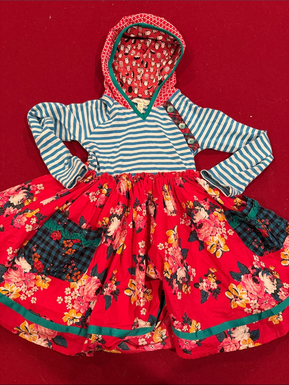 Matilda Jane Girls Red Floral Hoodie Dress with Blue Striped Top